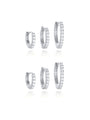 Three sizes sterling silver hoop earrings with cubic zirconia, variations shown on white background for jewelry product page.