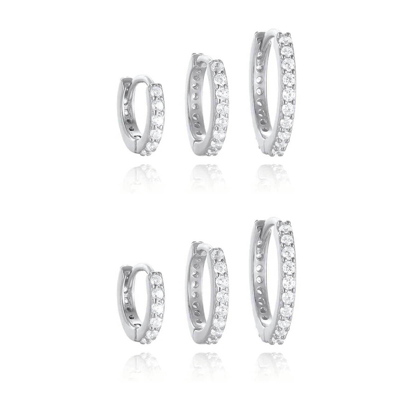 Three sizes sterling silver hoop earrings with cubic zirconia, variations shown on white background for jewelry product page.