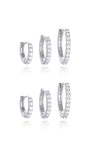 Three sizes sterling silver hoop earrings with cubic zirconia, variations shown on white background for jewelry product page.