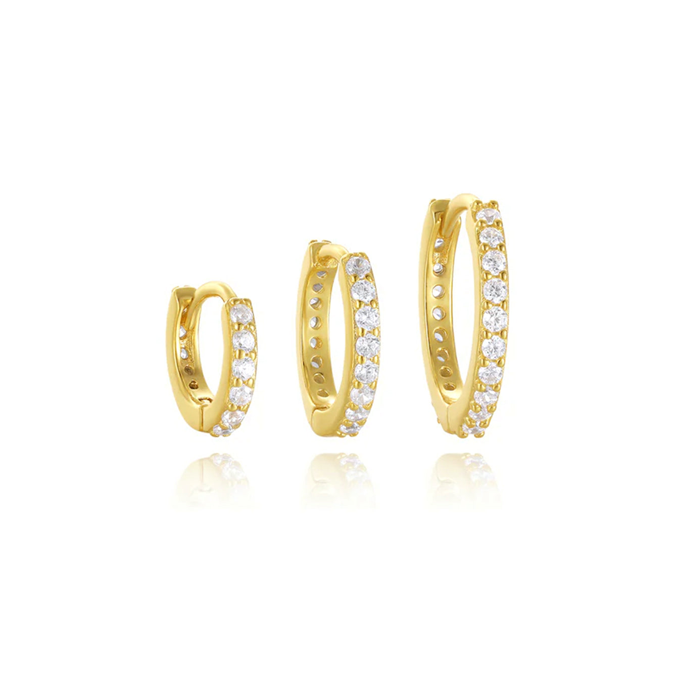 Three gold plated sterling silver hoop earrings with CZ, showing different sizes for product page.