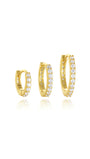 Three gold plated sterling silver hoop earrings with CZ, showing different sizes for product page.