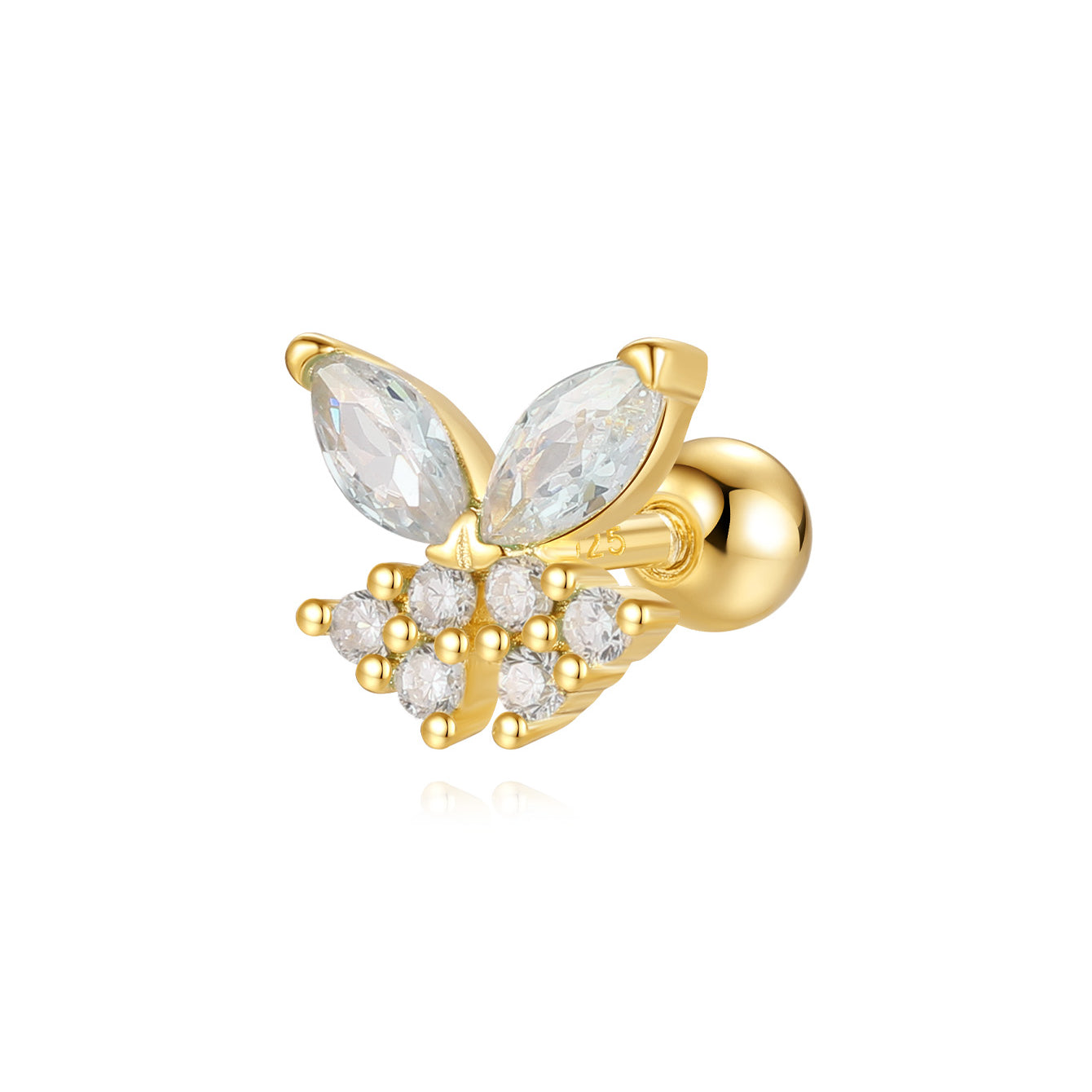 Gold 925 sterling silver butterfly ear piercing stud with marquise and round CZ stones. Internally threaded.