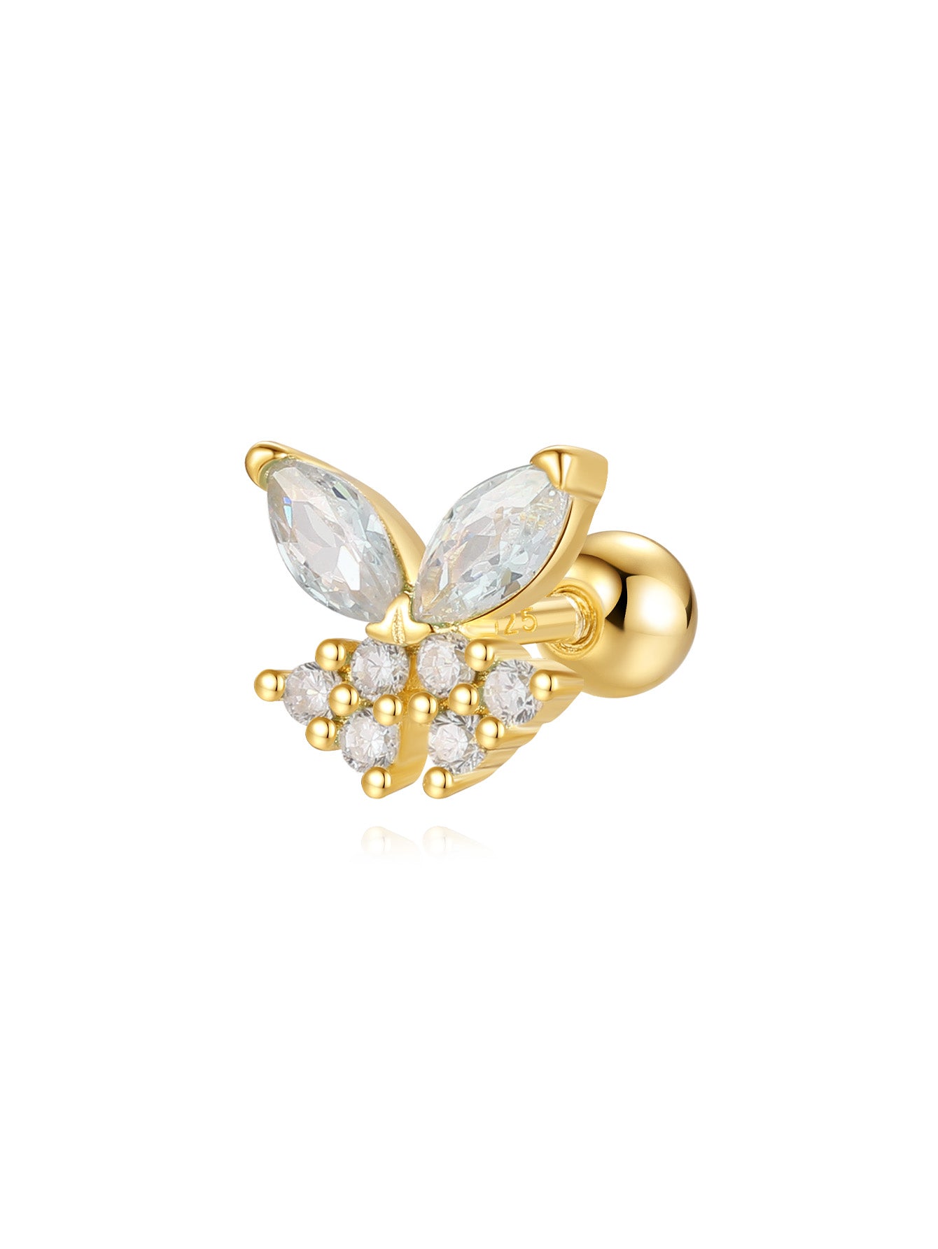 マーキスとラウンド CZ ストーンを使用したゴールド 925 スターリング シルバー バタフライ イヤー ピアス スタッド。内ねじ付き。