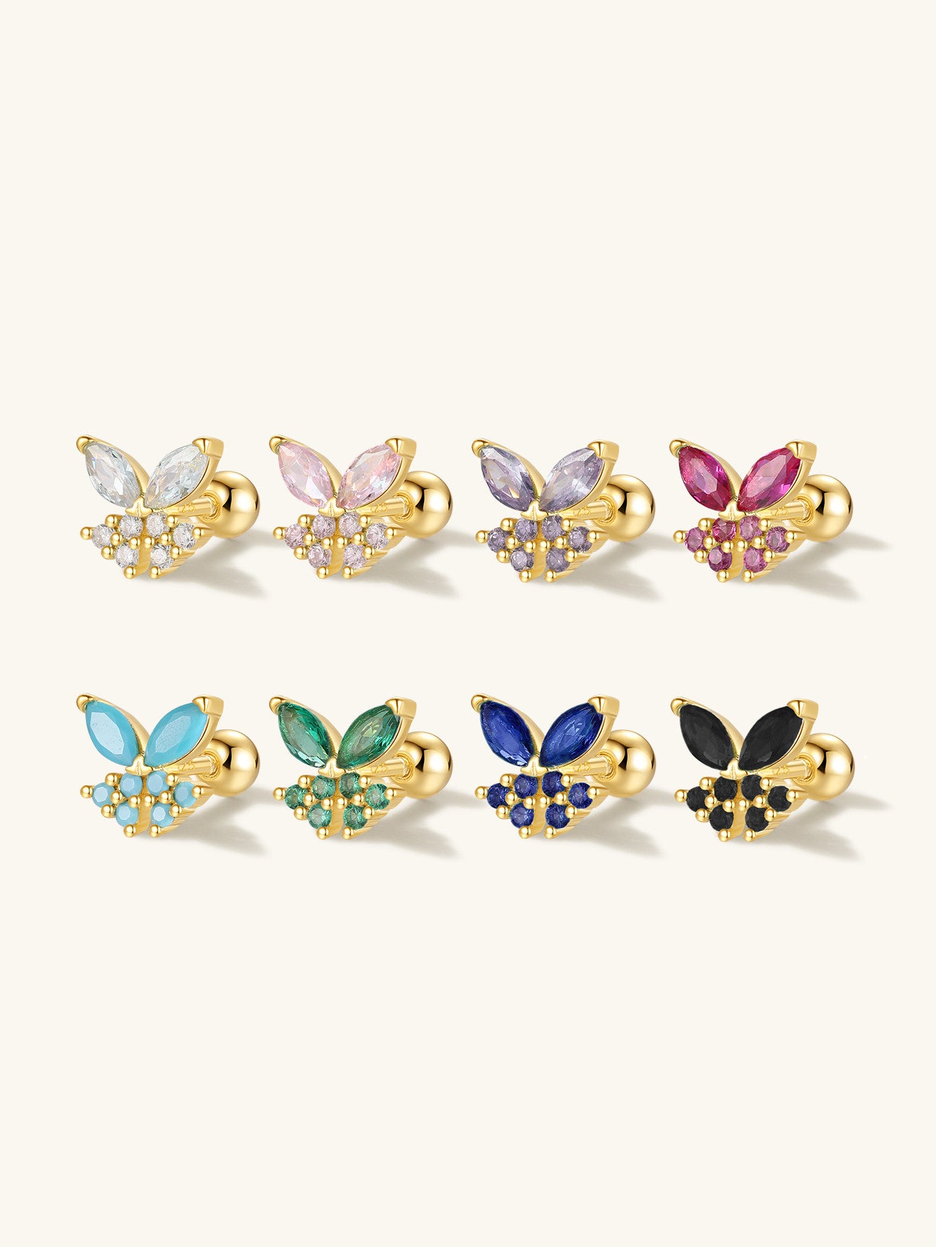 Sterling silver butterfly ear piercing studs with marquise cubic zirconia wings in 8 colors. Internally threaded.