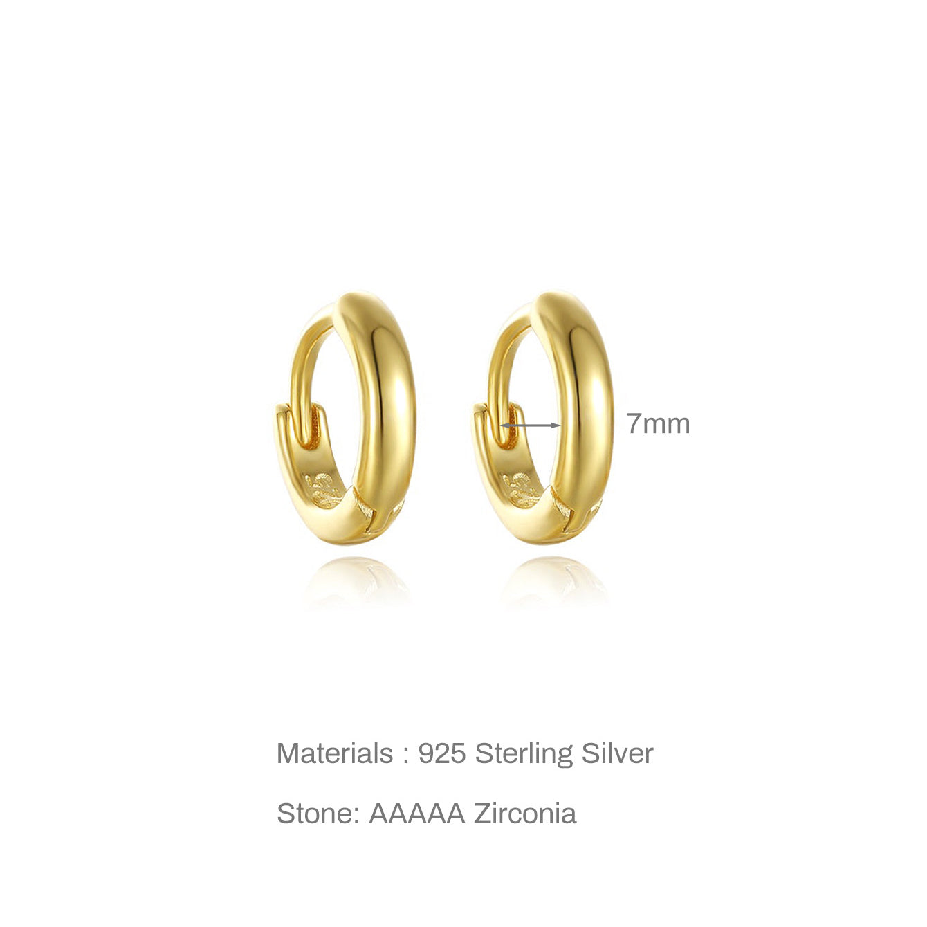 Two 7mm 18K gold-plated sterling silver hoop earrings, AAAAA cubic zirconia. Size and appearance display.