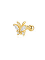 Gold-plated 925 sterling silver butterfly flower pierced earrings with clear cubic zirconia, product view.