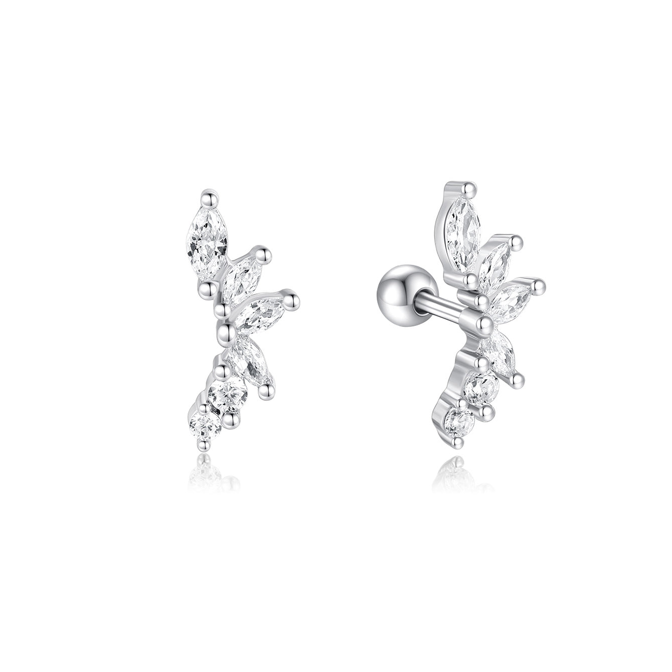 Brinco piercing em prata 925 com marquise e pedras redondas de zircônia cúbica, desenho floral.