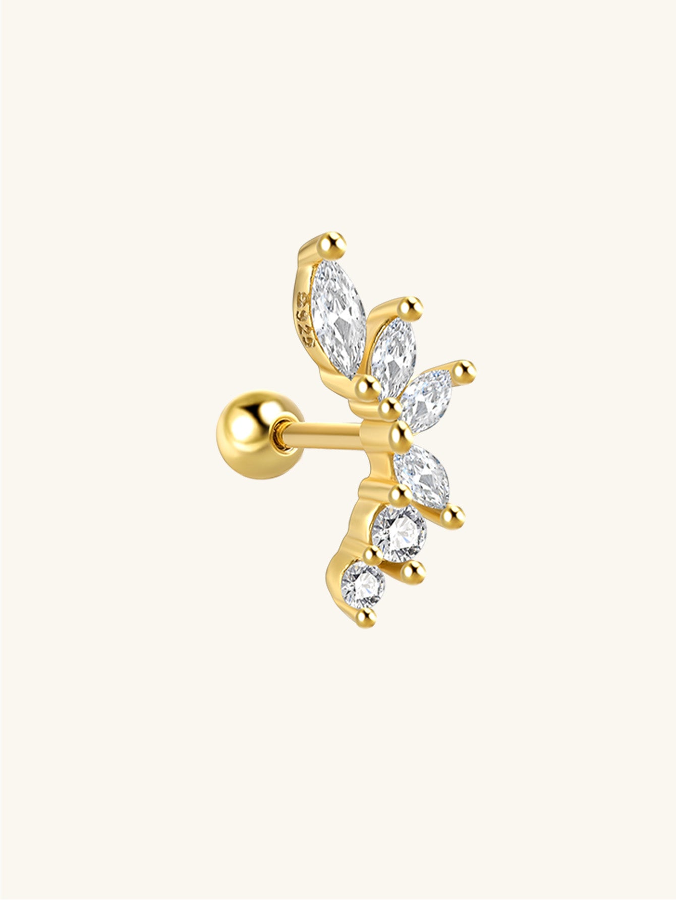 18kt gold plated 925 sterling silver ear piercing stud with marquise and round cubic zirconia stones, flower design.