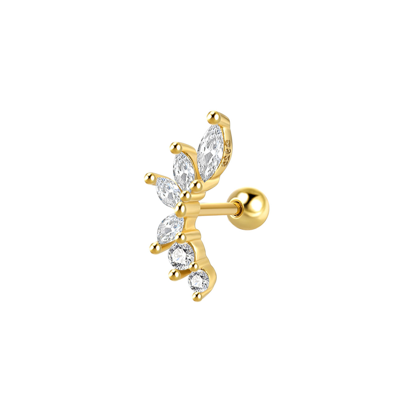 Clou de perçage hélicoïdal unique en argent sterling plaqué or 18 carats avec zircone cubique en forme de feuille. Présentation du produit.