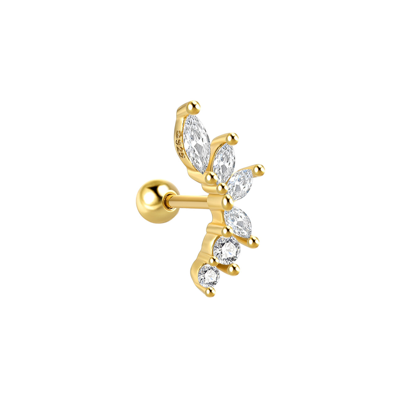 18kt gold plated 925 sterling silver ear stud with marquise and round cubic zirconia stones, floral design.