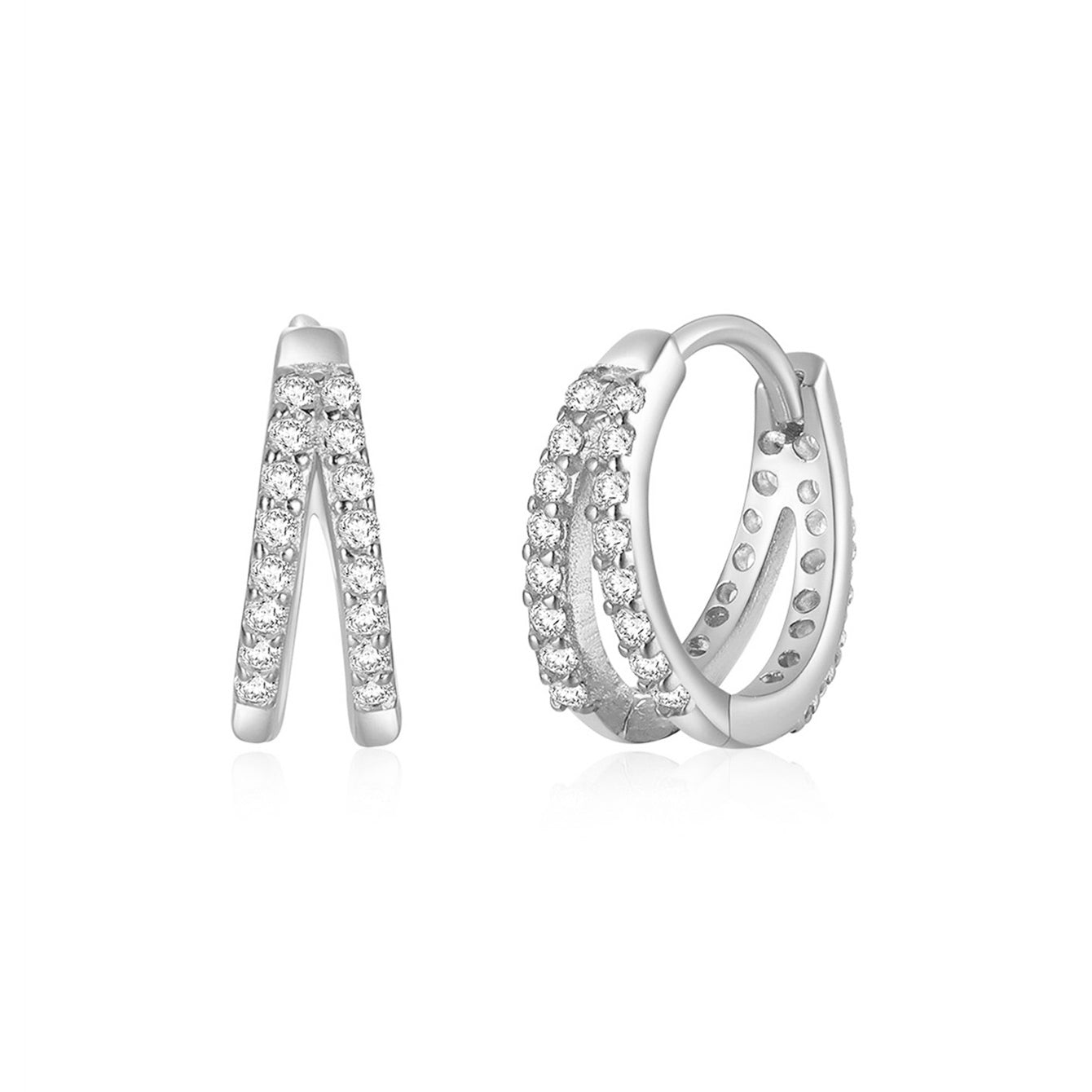 Set di due orecchini in argento sterling: geometrico aperto e a cerchio abbracciato, entrambi con pavé di pietre di zirconi cubici. Pagina del prodotto.