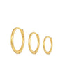 Three glossy gold hoop earrings in small, medium, and large sizes, made of 925 sterling silver with 18K gold plating.
