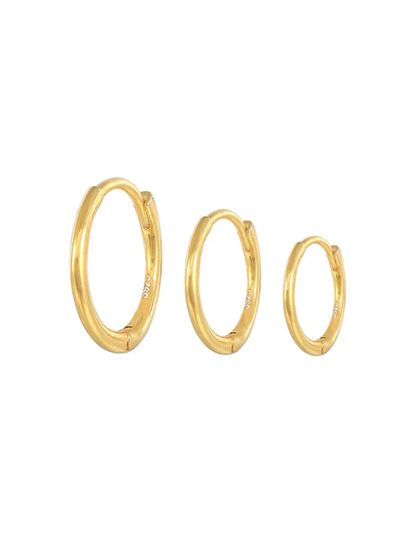 Three glossy gold hoop earrings in small, medium, and large sizes, made of 925 sterling silver with 18K gold plating.
