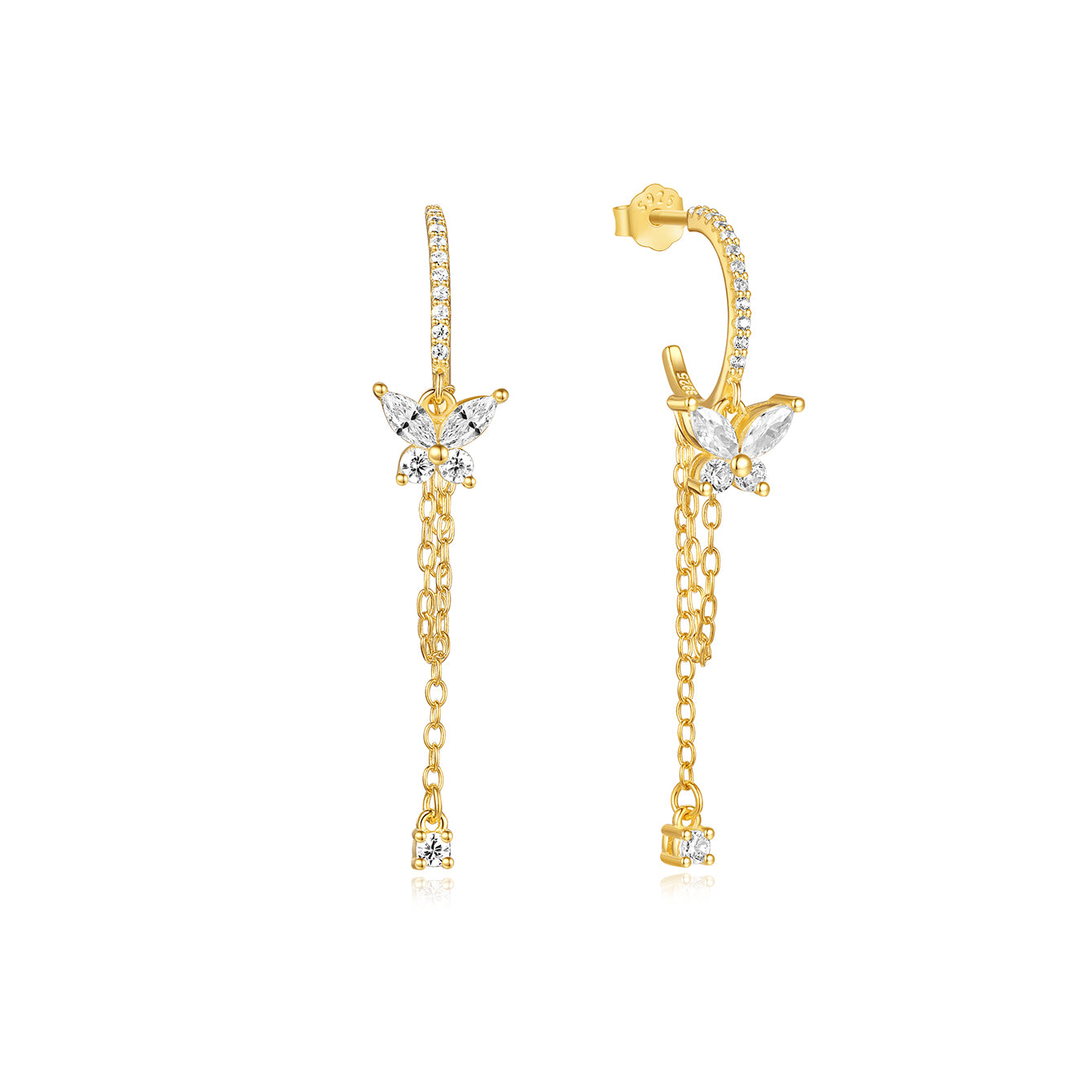 Gold-plated 925 sterling silver hoop earrings with dangling butterfly pendants, cubic zirconia, and tassel chains.
