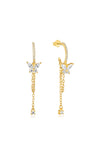 Gold-plated 925 sterling silver hoop earrings with dangling butterfly pendants, cubic zirconia, and tassel chains.