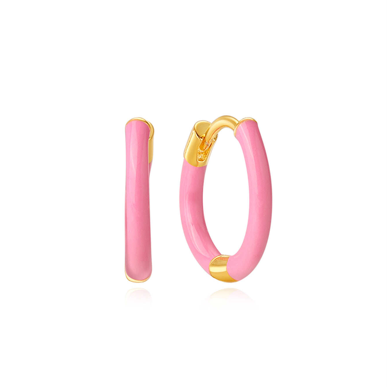 Gold-plated 925 sterling silver hoop earrings with pink enamel water drop shape, hypoallergenic.