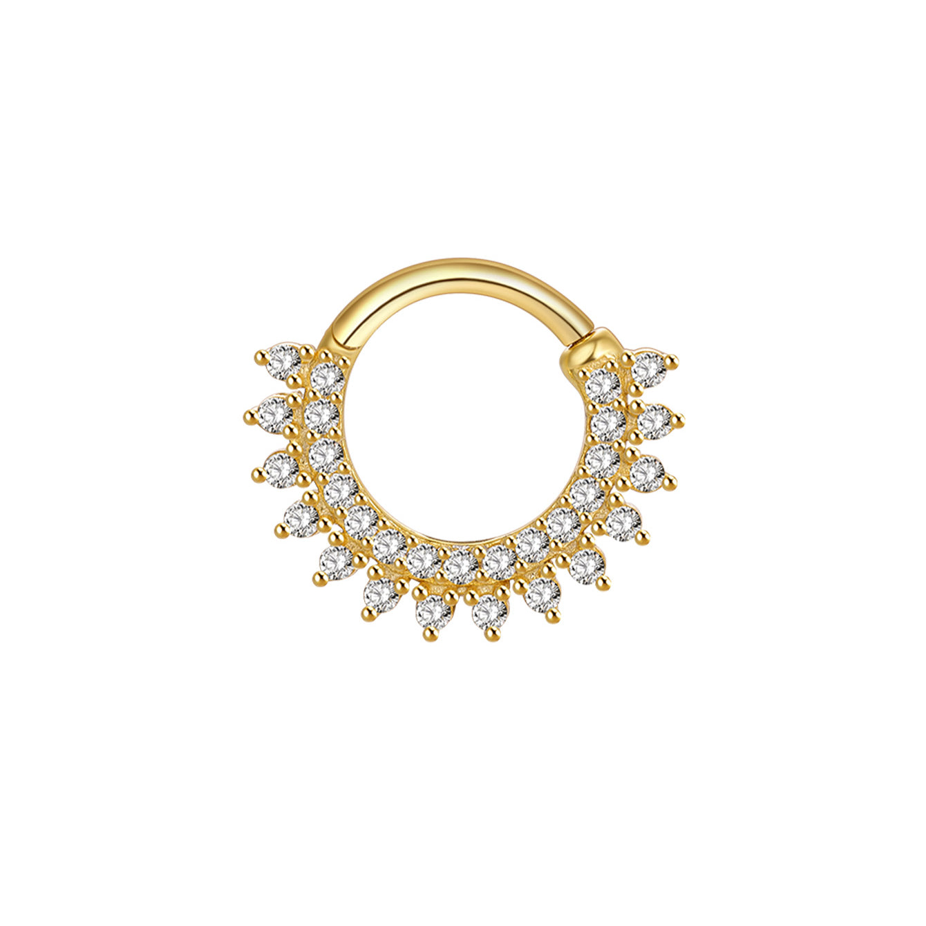 Gold double row daith earring with pave cubic zirconia, 925 sterling silver with 18K gold plating, hypoallergenic.