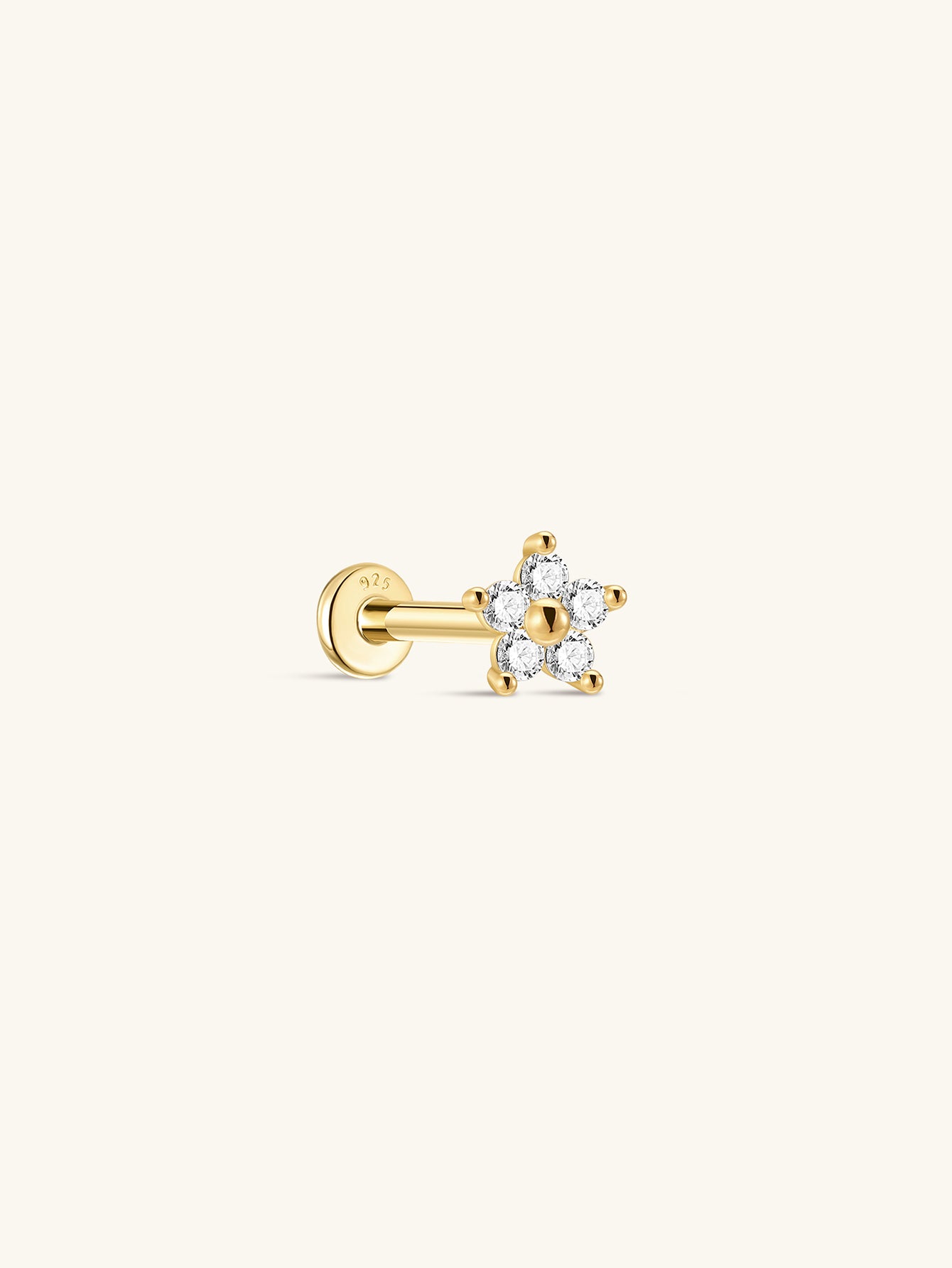 925 Sterling Silver Flower Zircon Threaded Ear Piercing Stud with flat back closure, 16G.