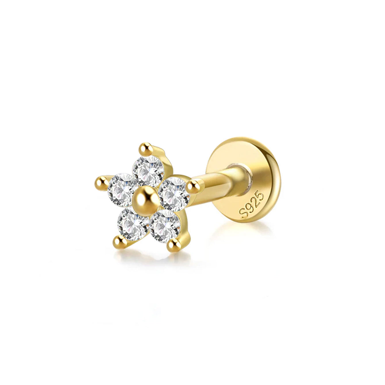 Gold plated 925 sterling silver flower threaded piercing stud with AAAAA cubic zirconia and flat back. S925 hallmark.