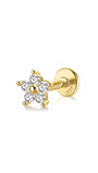 Gold plated 925 sterling silver flower threaded piercing stud with AAAAA cubic zirconia and flat back. S925 hallmark.
