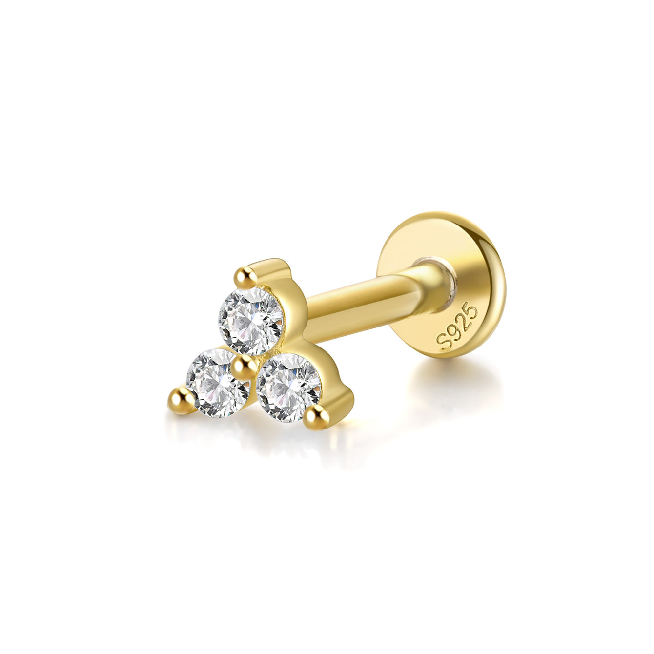 18kt gold-plated sterling silver labret stud with three sparkling cubic zirconia stones in a triangle design.