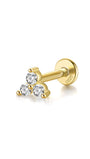 18kt gold-plated sterling silver labret stud with three sparkling cubic zirconia stones in a triangle design.