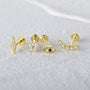 Gold-plated sterling silver labret studs: lightning, flower, evil eye, arch CZ designs. Internally threaded for piercings.