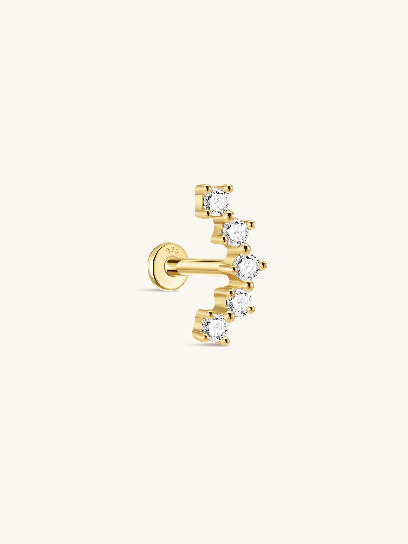 Gold-plated sterling silver arch CZ threaded ear piercing stud with five cubic zirconia stones and flat back closure.