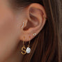 Gold-plated 925 sterling silver ear stud with five sparkling cubic zirconia stones arranged in an arch shape, on ear.