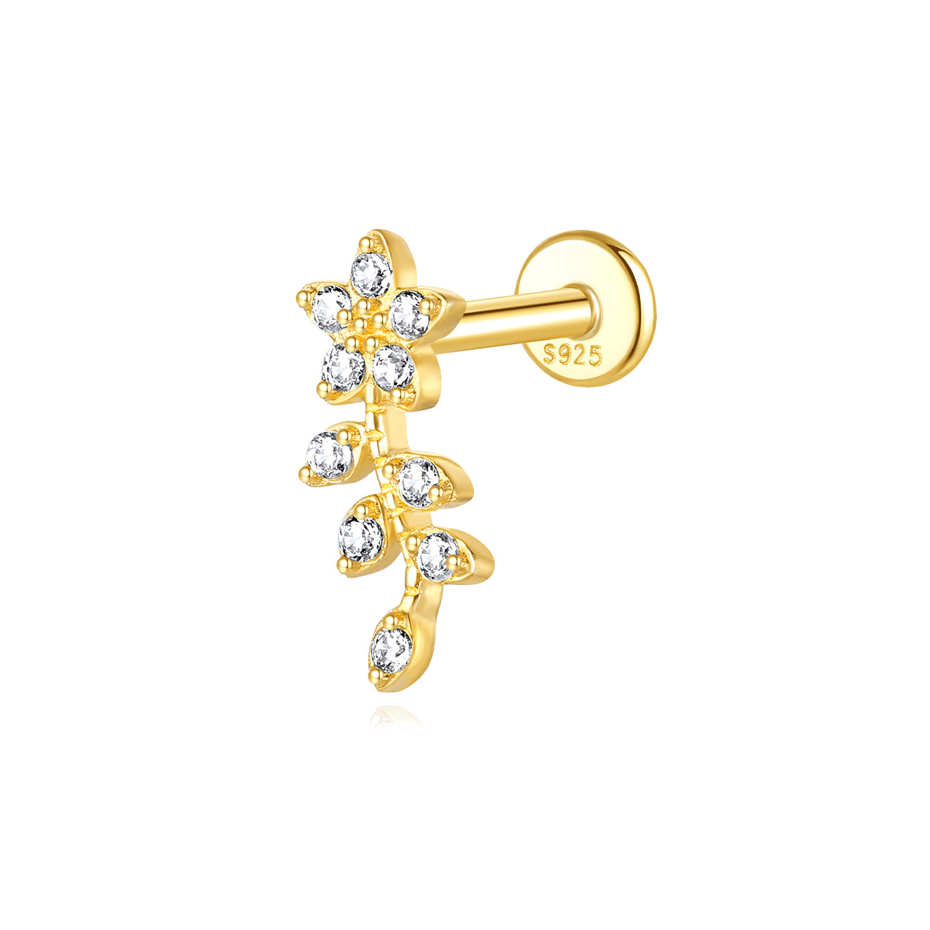 18k gold plated sterling silver dainty flower and leaf ear stud with cubic zirconia, product detail.