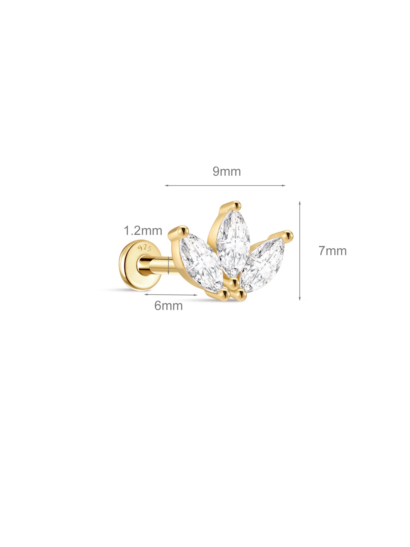 Clou de perçage d'oreille en argent sterling 925 avec couronne et zircon