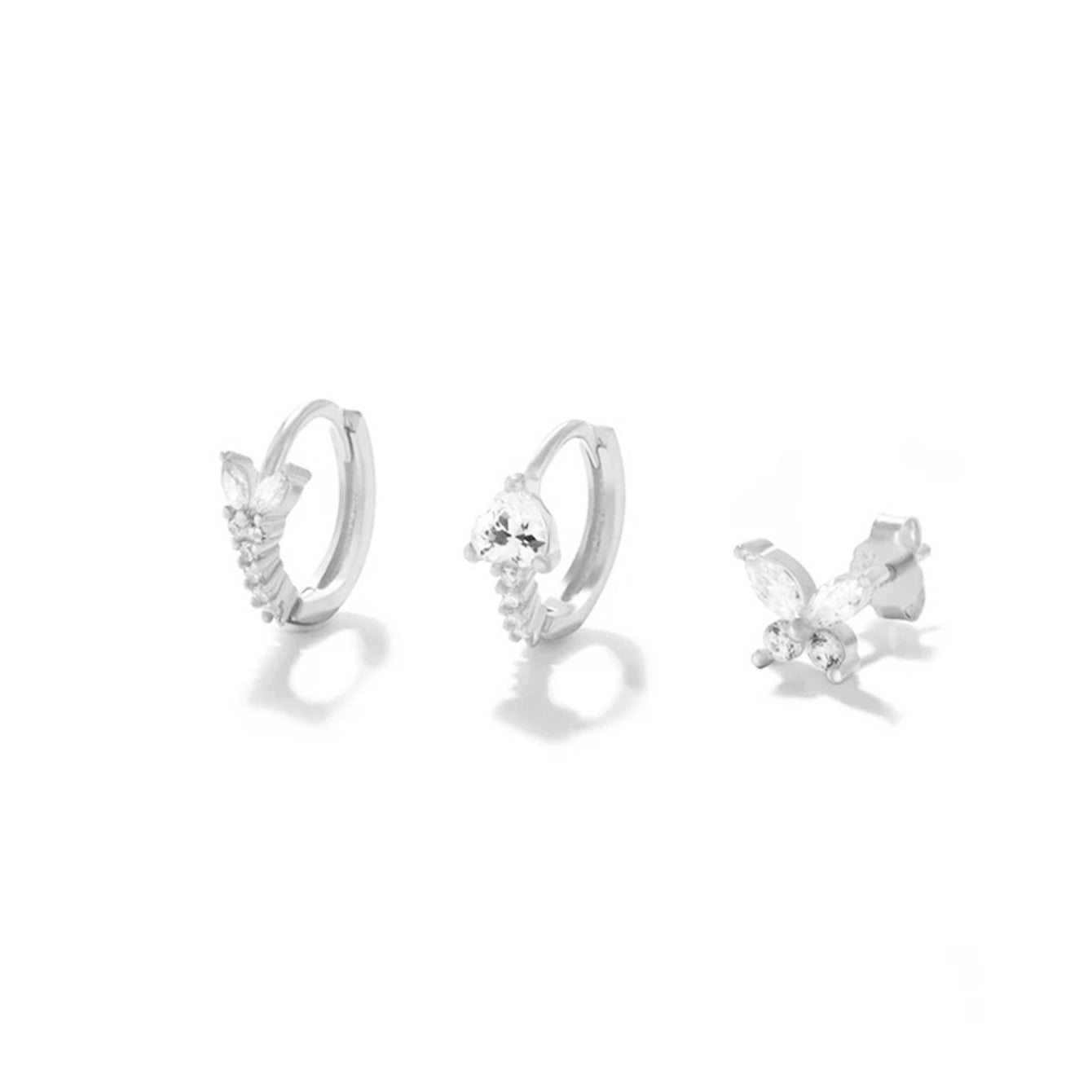 Kosiner sterling silver earring set with cubic zirconia huggie hoops and a butterfly stud.