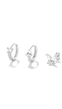 Kosiner sterling silver earring set with cubic zirconia huggie hoops and a butterfly stud.