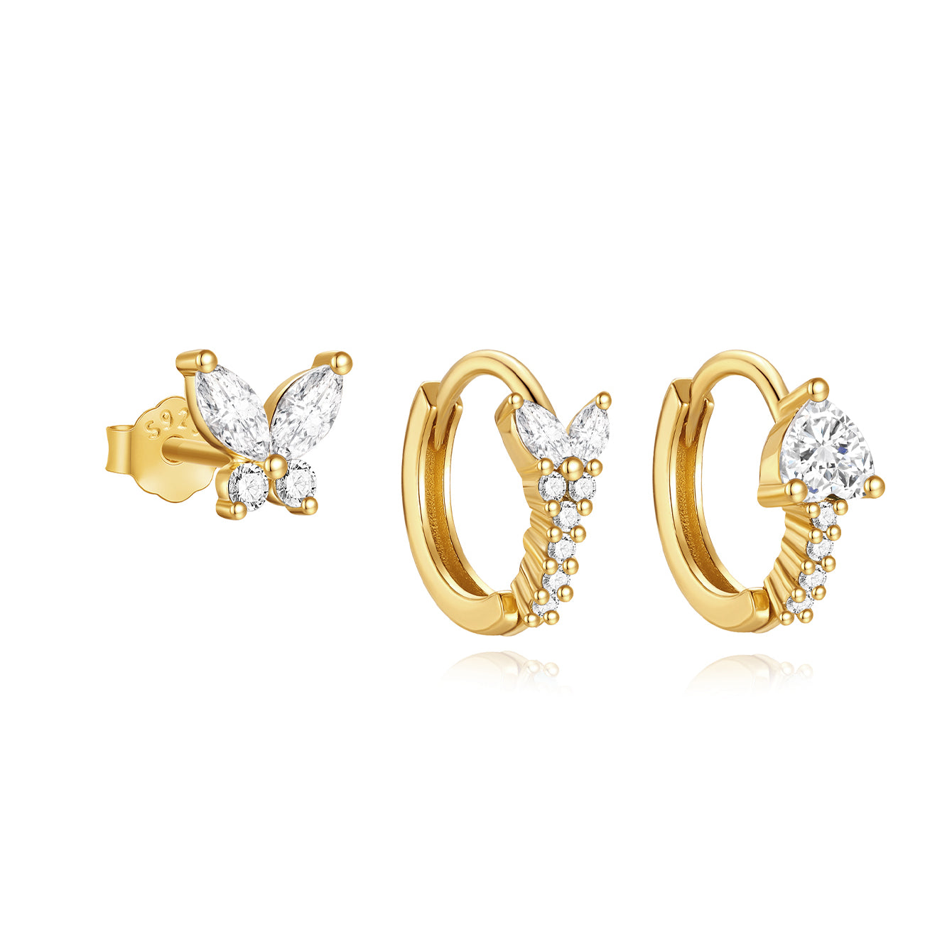 Gold-plated sterling silver earring set with butterfly stud and two CZ hoop earrings, showcasing dazzling sparkle.