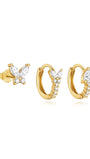 Gold-plated sterling silver earring set with butterfly stud and two CZ hoop earrings, showcasing dazzling sparkle.