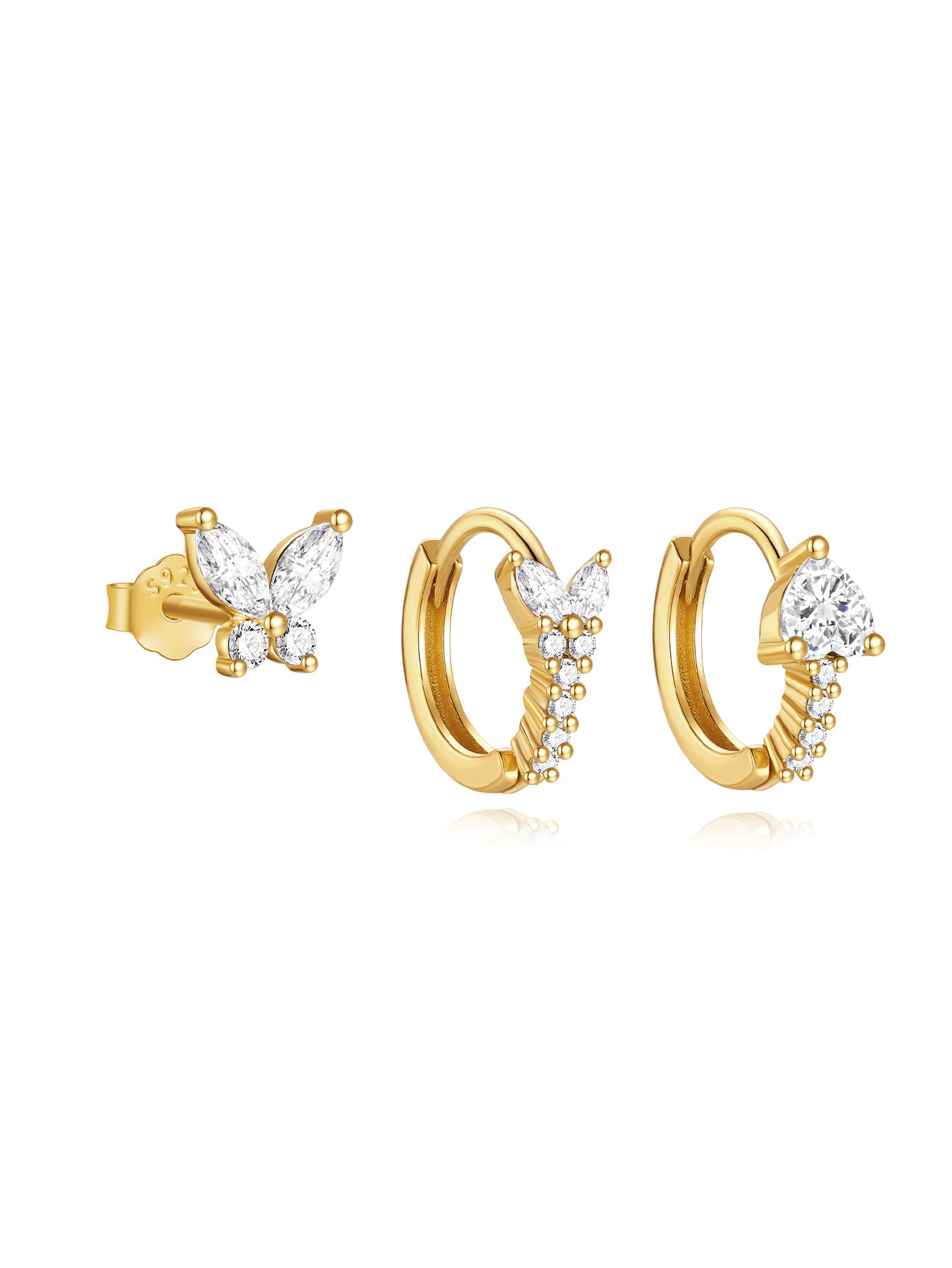 Gold-plated sterling silver earring set with butterfly stud and two CZ hoop earrings, showcasing dazzling sparkle.