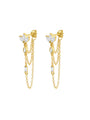 18kt gold plated sterling silver earrings with clover CZ studs and cascading chains featuring teardrop and baguette CZs.