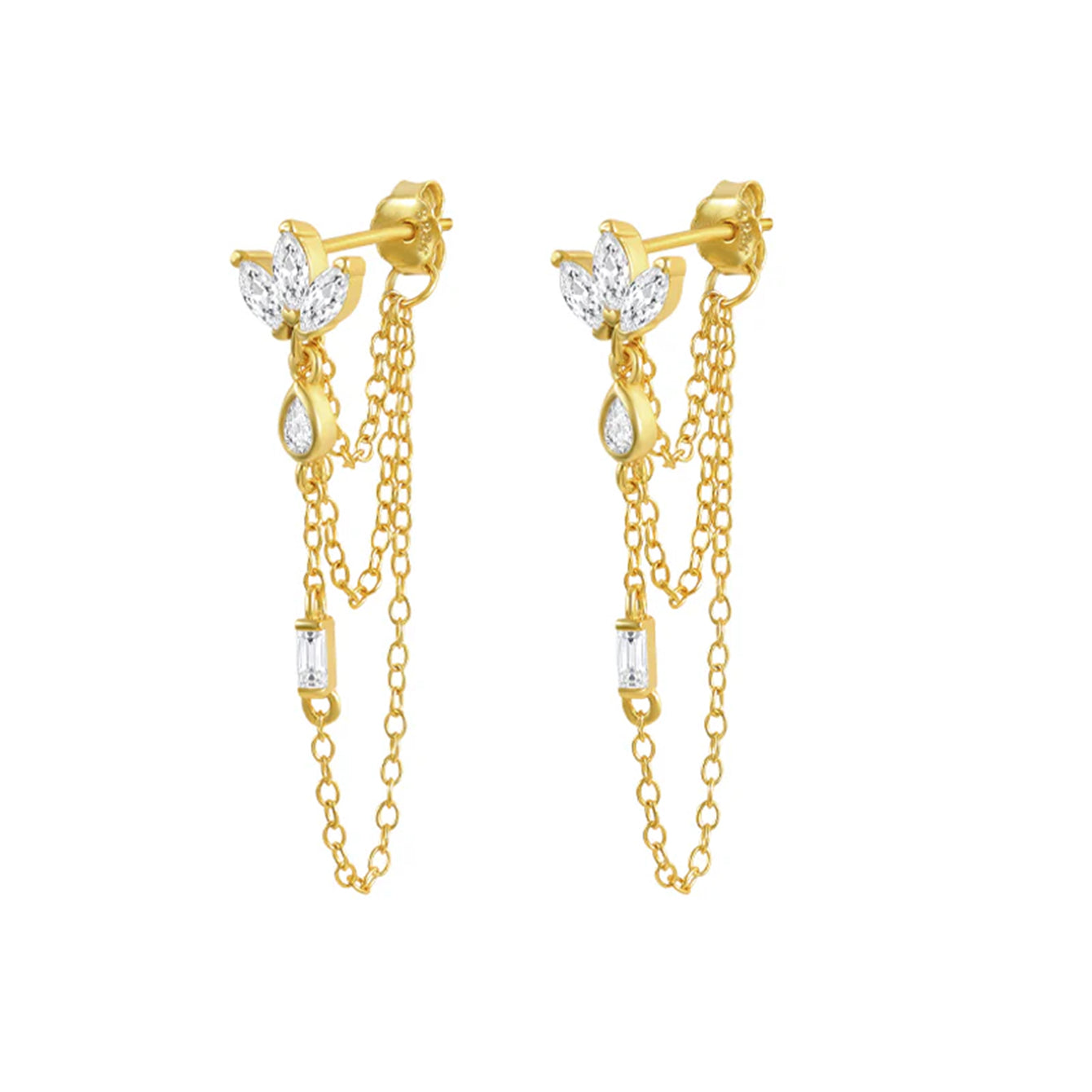 18kt gold plated sterling silver earrings with clover CZ studs and cascading chains featuring teardrop and baguette CZs.
