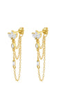 18kt gold plated sterling silver earrings with clover CZ studs and cascading chains featuring teardrop and baguette CZs.