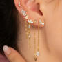18K gold plated sterling silver earrings: CZ moon, leaf studs, cascading chains, teardrop & triangle charms.