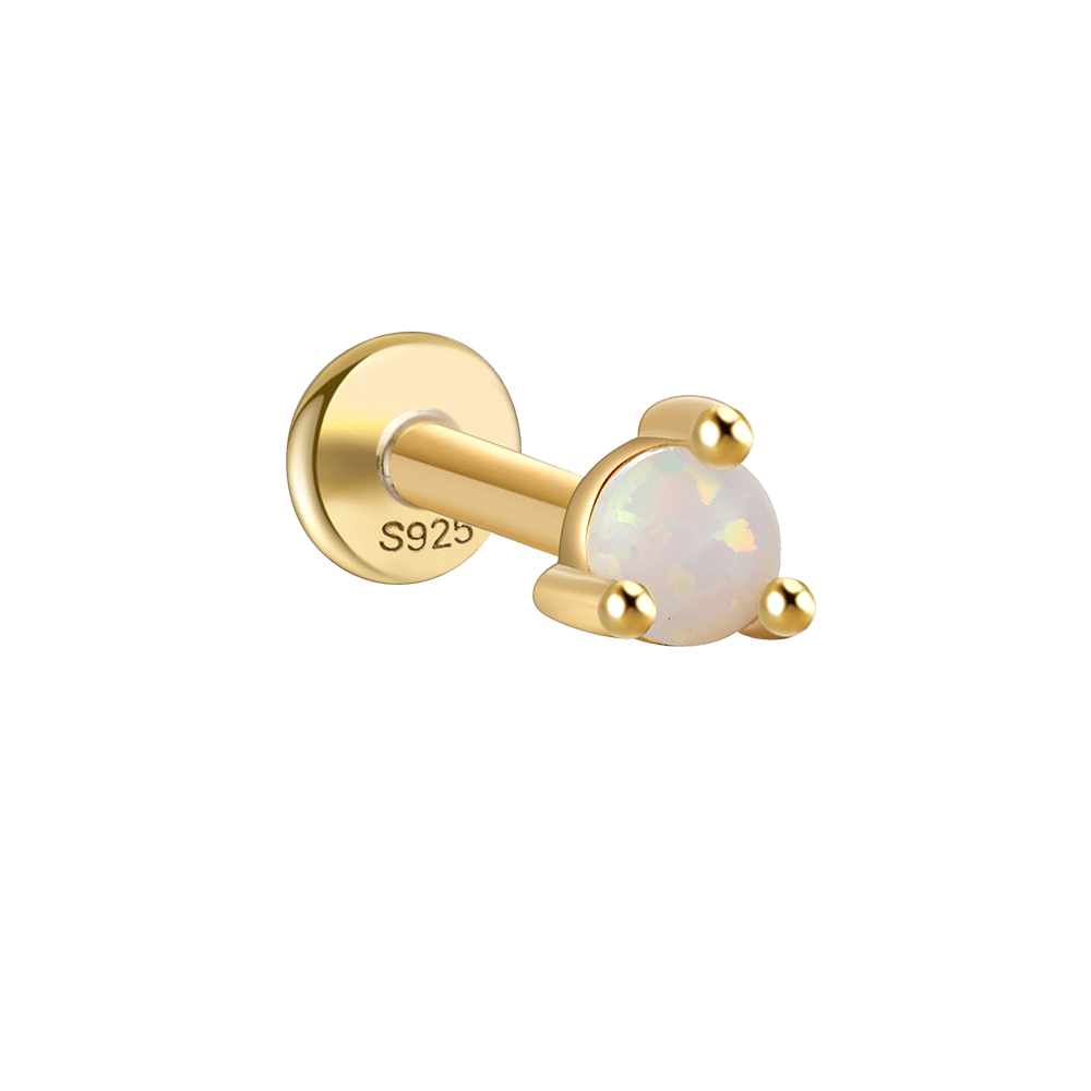 18k gold plated sterling silver labret stud with round solitaire opal, 3 bead prongs, flat back and S925 hallmark.