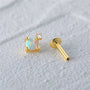 Gold plated 925 sterling silver tortoise opal piercing stud with CZ accent, 16G, 8mm flat back labret.