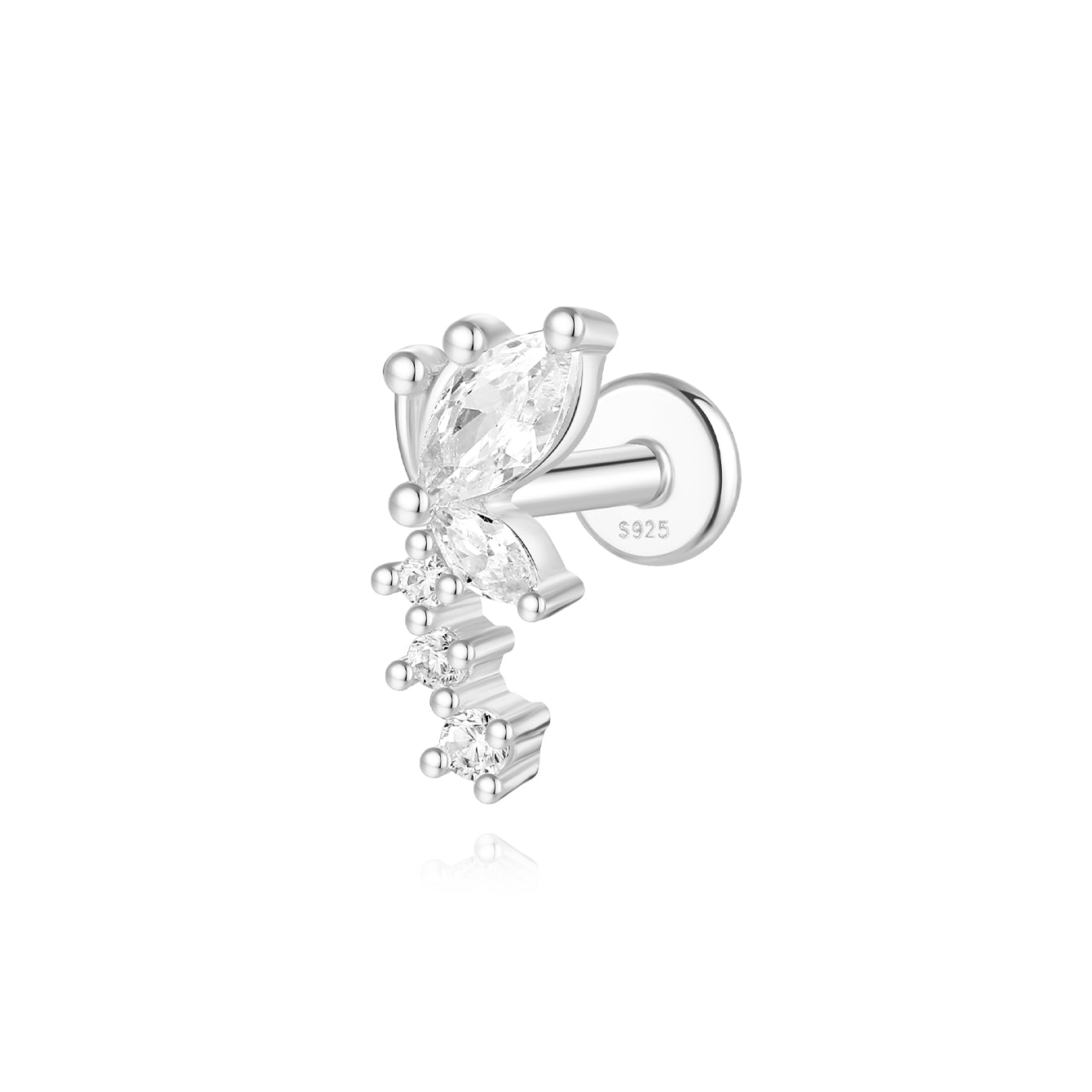 Sterling silver flat back earring with pave marquise & round cubic zirconia in a floral design, product page.