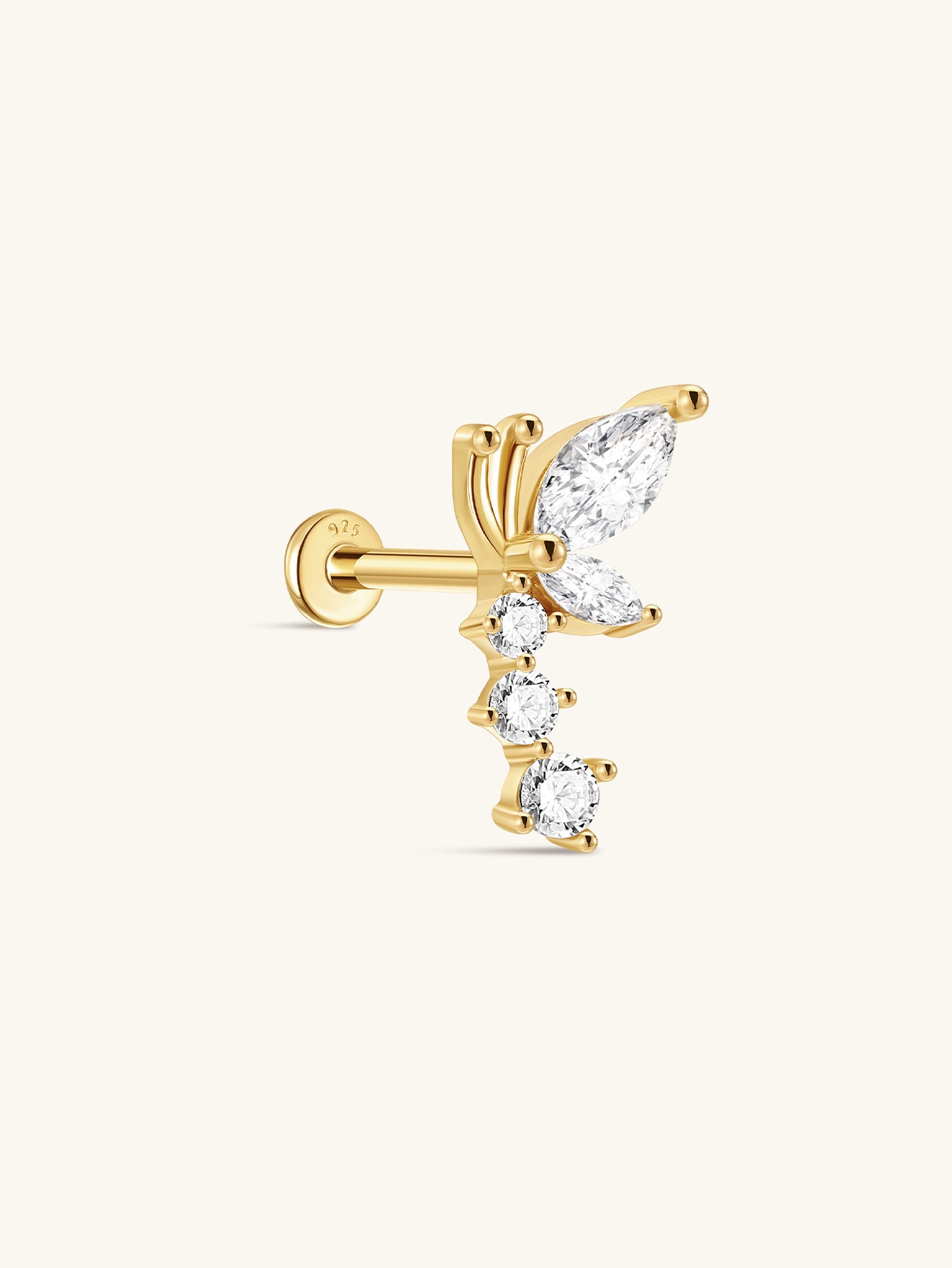 925 Sterling Silver Butterfly Ear Piercing Stud with Cubic Zirconia, Flat Back Labret.