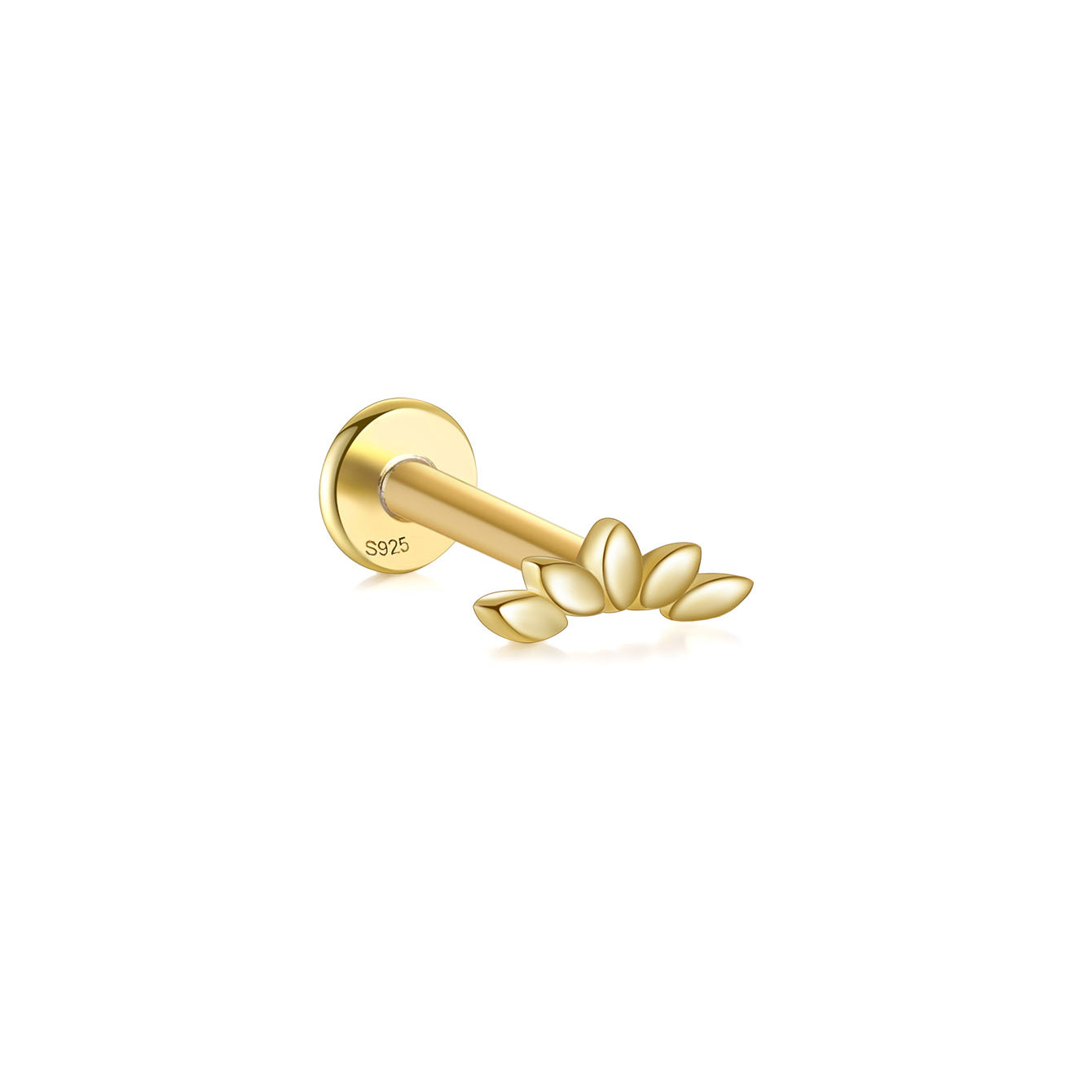 18kt gold plated sterling silver labret stud with 5 glossy petals, flat back closure. Perfect for ear piercings.