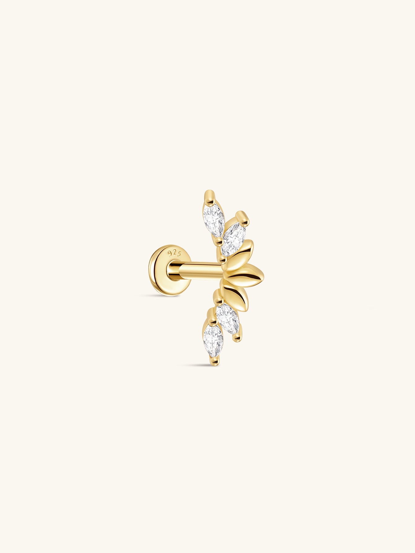 Gold 925 Sterling Silver Marquise Arch Zircon Threaded Ear Piercing Stud with flat back labret.