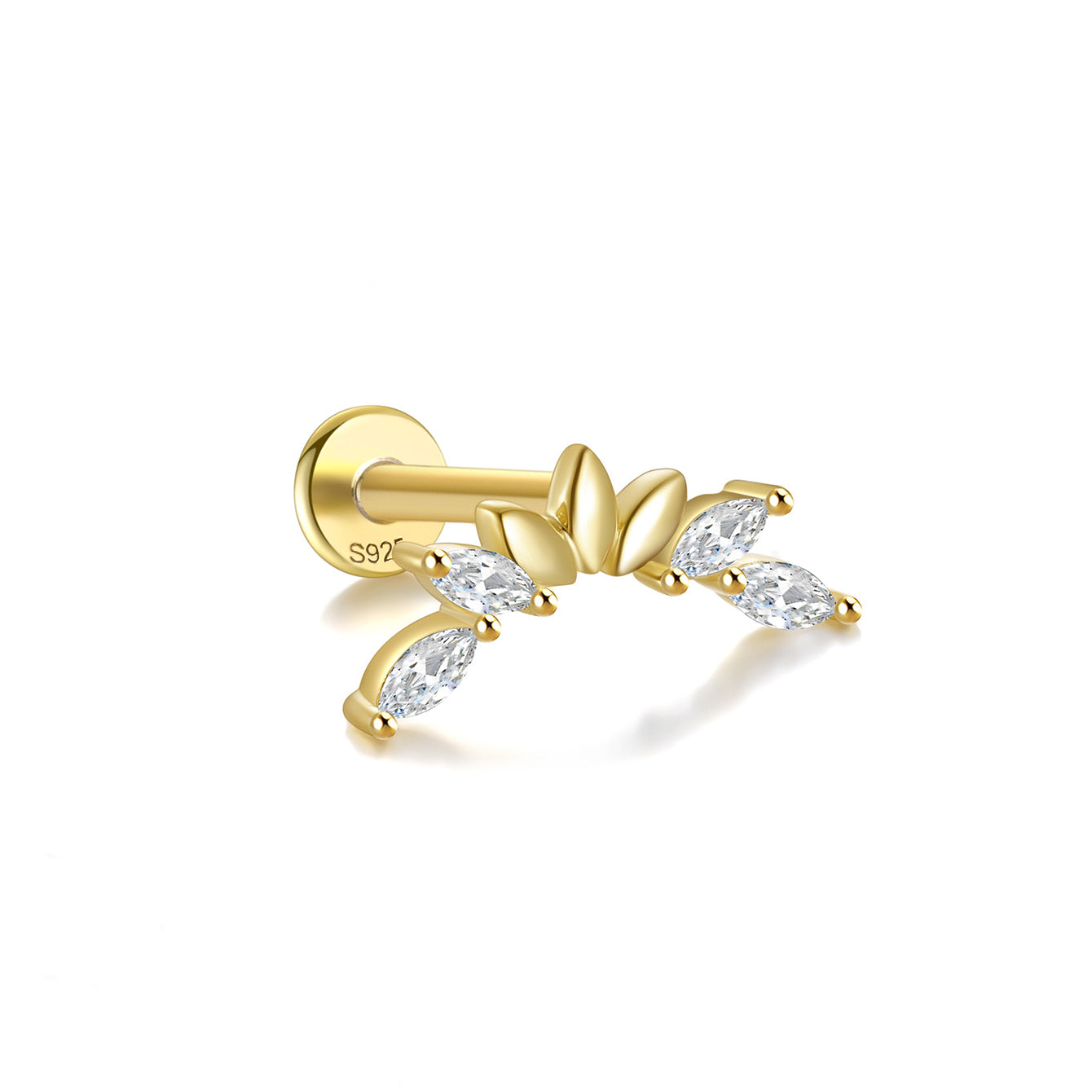 Gold plated 925 sterling silver labret stud with marquise arch CZ stones. Internally threaded, flat back for ear piercing.