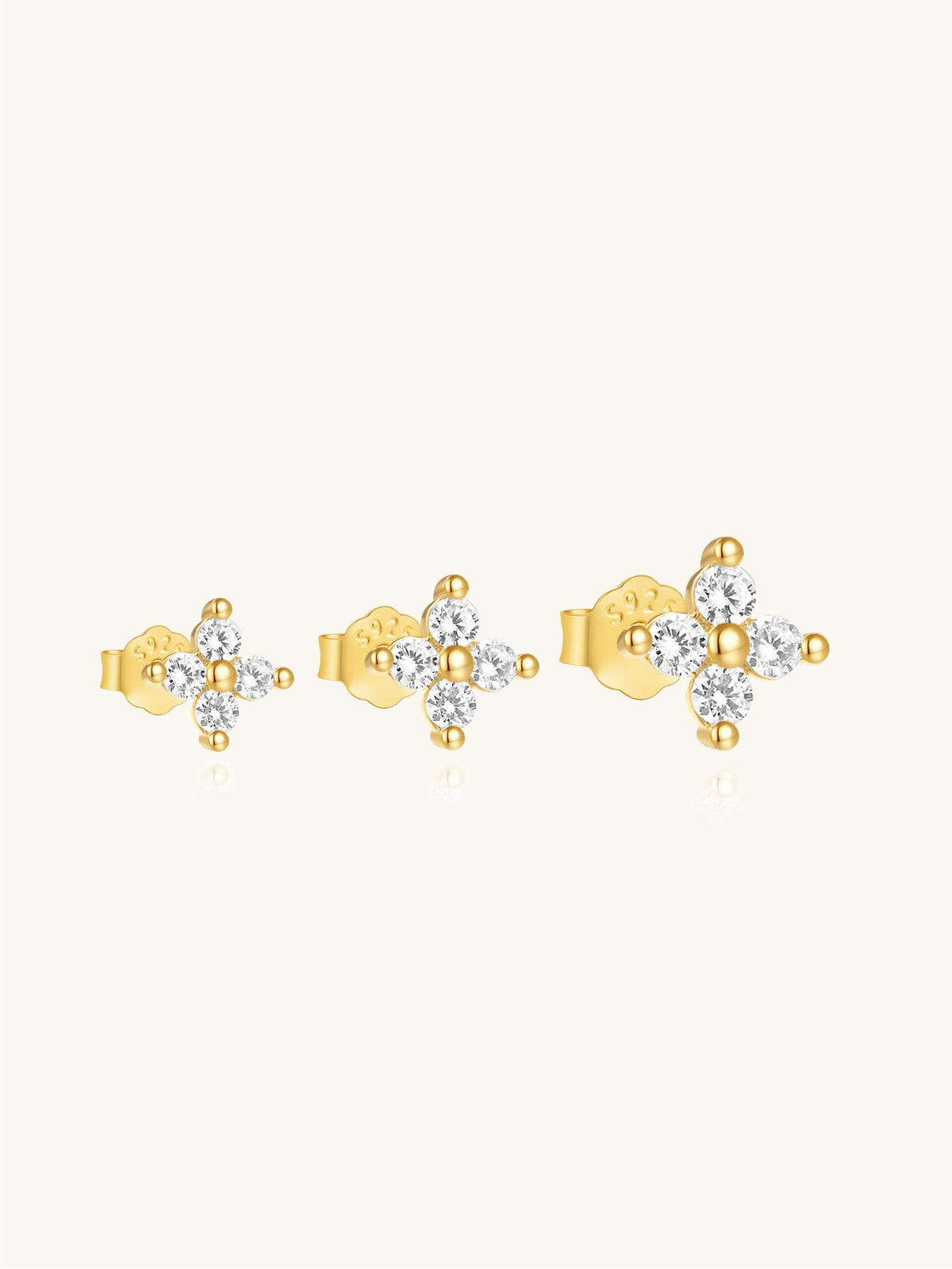925 Sterling Silver floral zircon stud earrings, set of 3, 18k gold plated.