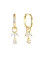 18K gold plated sterling silver huggie hoop earrings with dangling floral cubic zirconia clusters and single round stone.