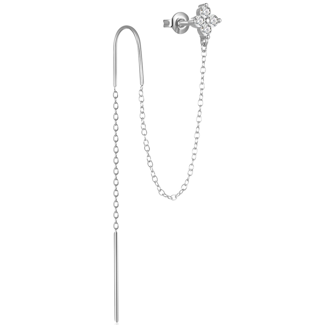 18k gold plated 925 sterling silver pull-through earring with cubic zirconia flower stud and dangling bar.